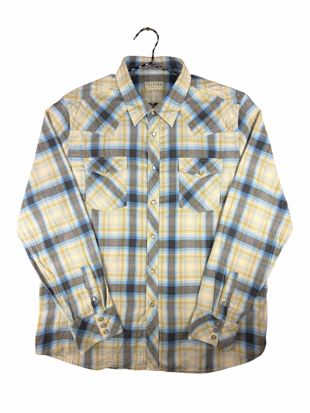 Tecovas Men's Western Pearl Snap Plaid Blue Yellow Long Sleeve Button-Up Sz XL